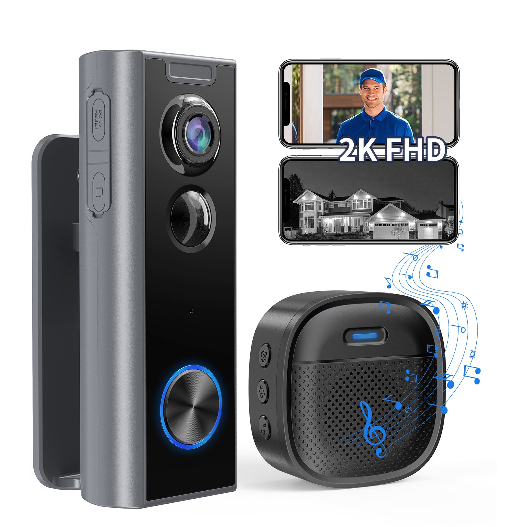 Ankway 2.4GHz Wifi Video Doorbell With Camera - 2K FHD Camera With Chime, PIR Detection, Night Vision, 2-Way Audio, Multi-Angle Mounting Bracket, Waterproof, Battery Powered, SD & Cloud Storage