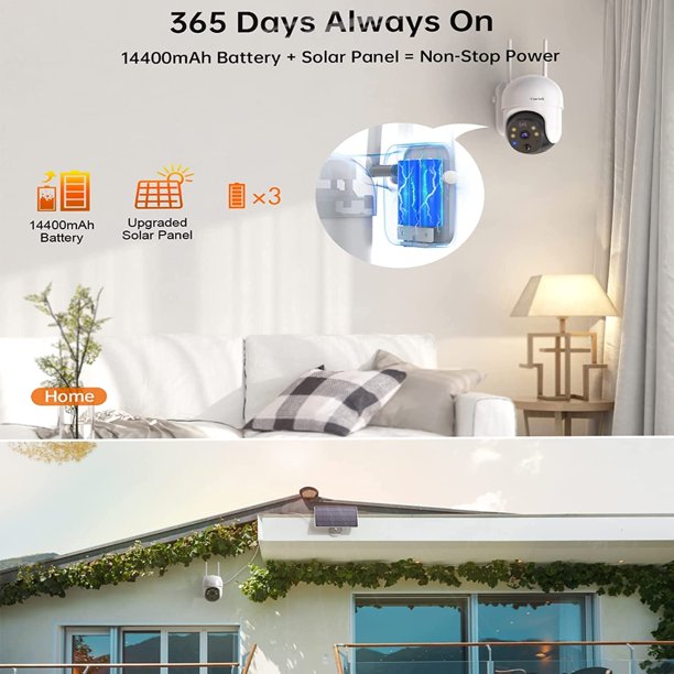 Ankway Solar Security Camera Outdoor with 14400mAh Rechargeable Battery, 360°Coverage, 2.4G WiFi Cam 1080P FHD Color Night Vision, 2-Way Audio, PIR Motion Detection, Wireless Security Camera System